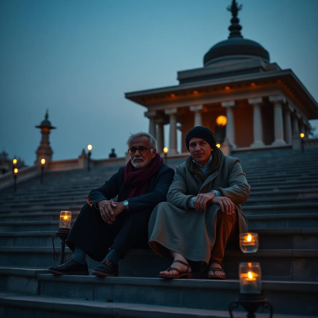 A father and adult son sitting together on temple steps at dusk with oil lamps flickering