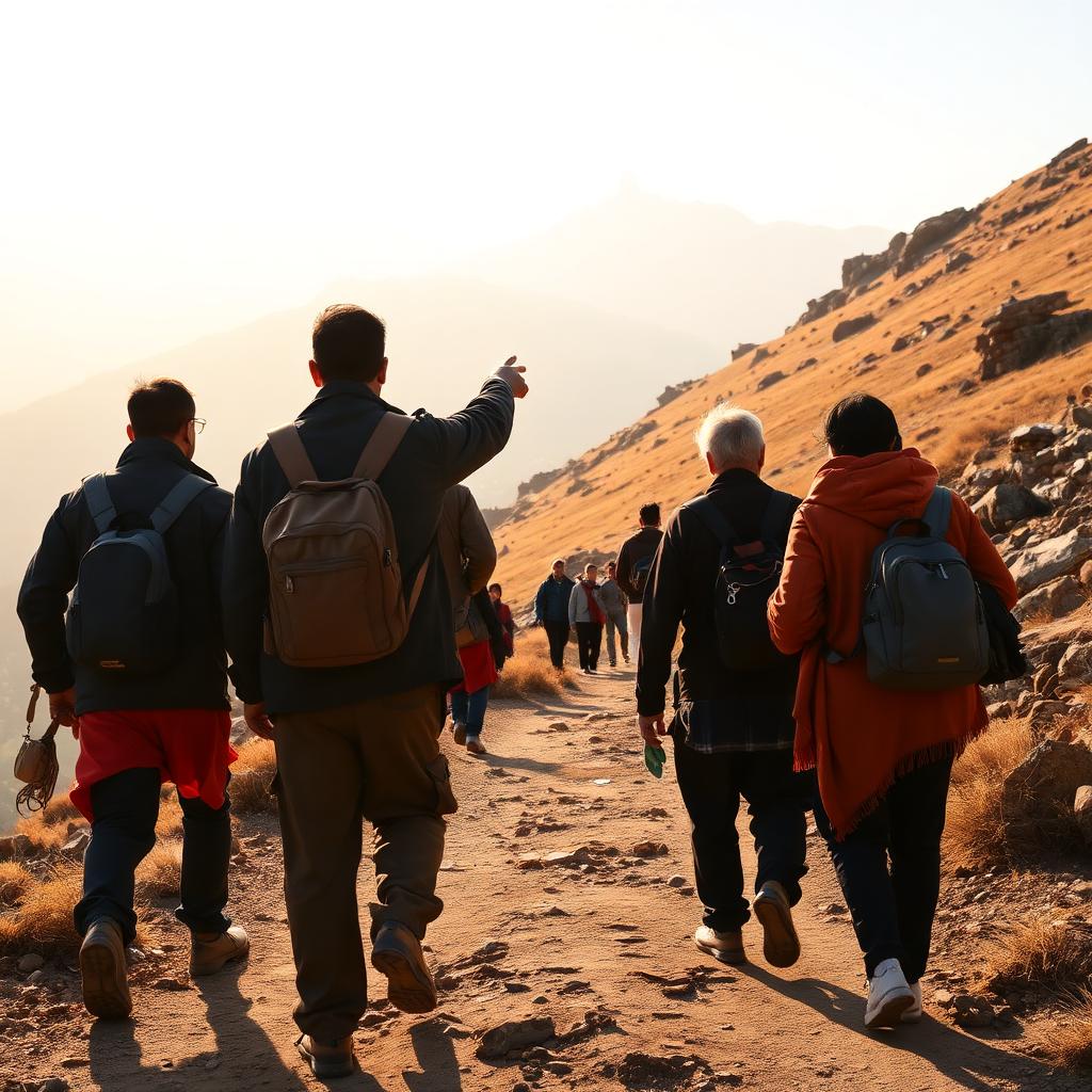A small group of pilgrims walking together on a Himalayan trail with a local guide pointing toward a distant temple